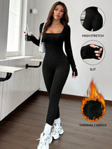 SHEIN EZwear 1pc Black Tight Fit Turtleneck Jumpsuit, Casual Sportswear