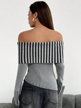 SHEIN EZwear Women's Striped & Printed Off-Shoulder Long Sleeve Knit Sweater