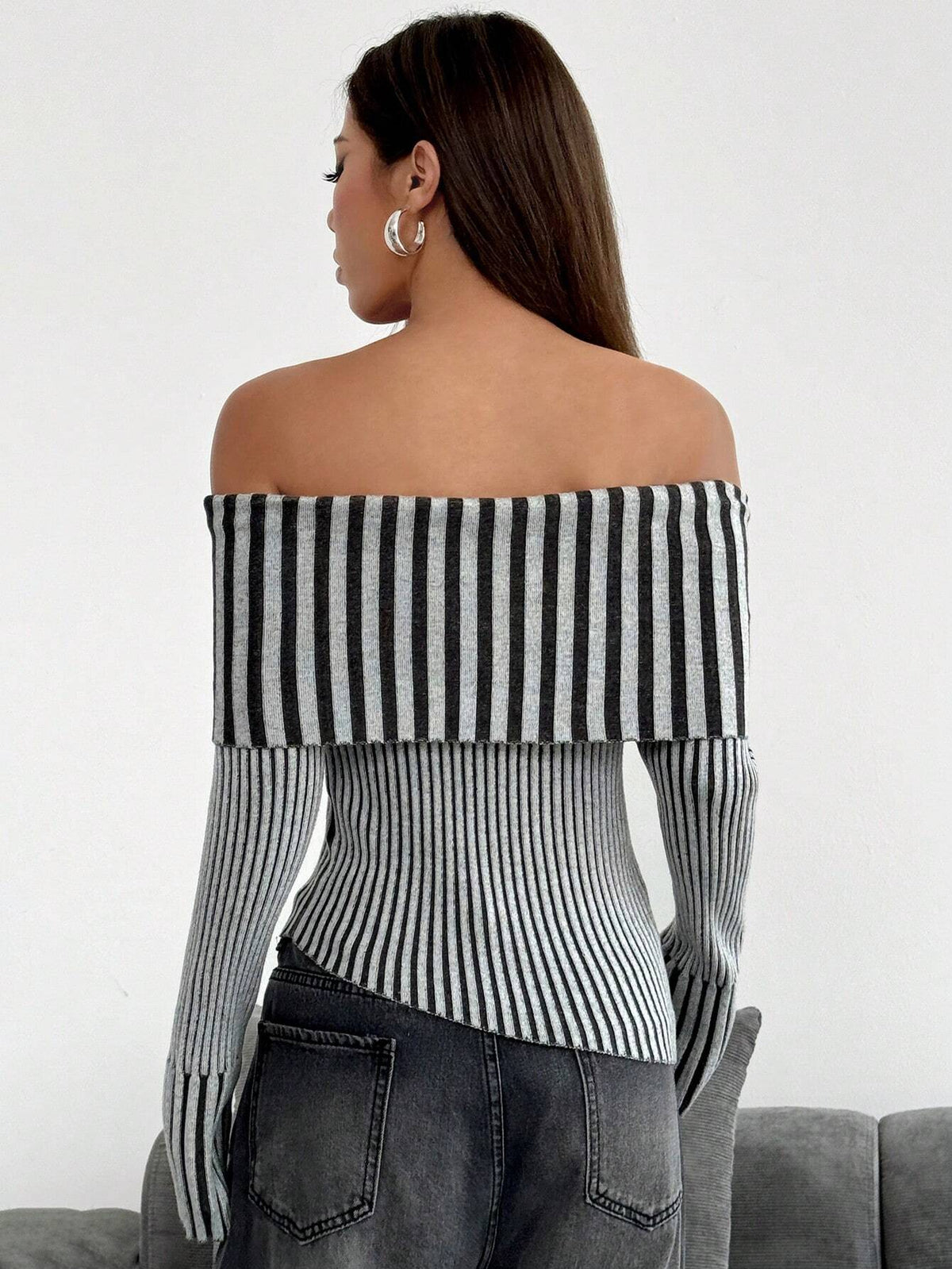SHEIN EZwear Women's Striped & Printed Off-Shoulder Long Sleeve Knit Sweater