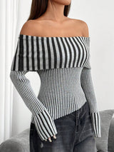 SHEIN EZwear Women's Striped & Printed Off-Shoulder Long Sleeve Knit Sweater