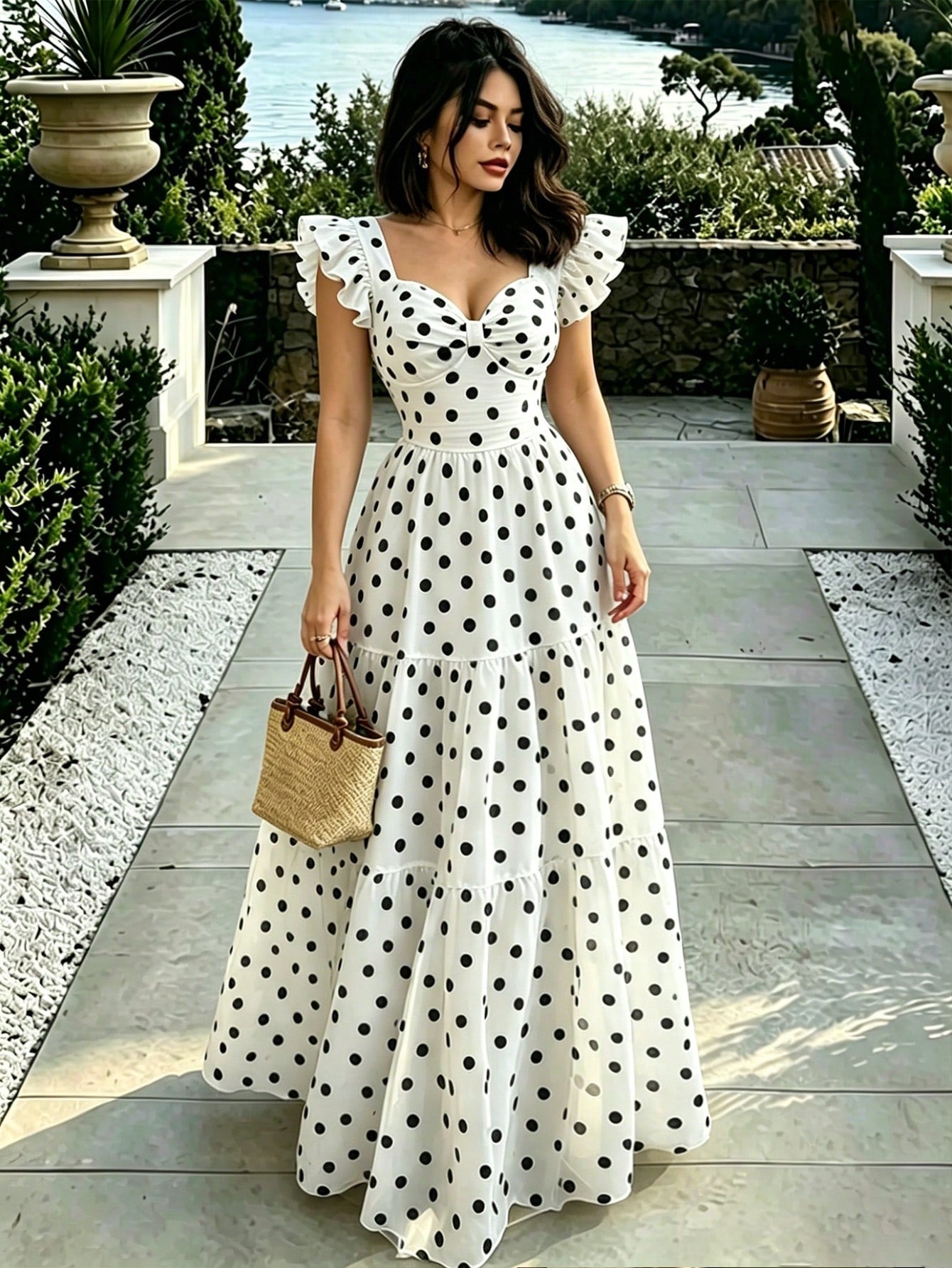 A woman wearing a white A-line maxi dress with black polka dots and ruffled cap sleeves, standing on a stone patio with a garden and water in the background, holding a straw handbag.