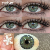 Close-up of eyes with colored contact lenses and a detailed view of one lens.