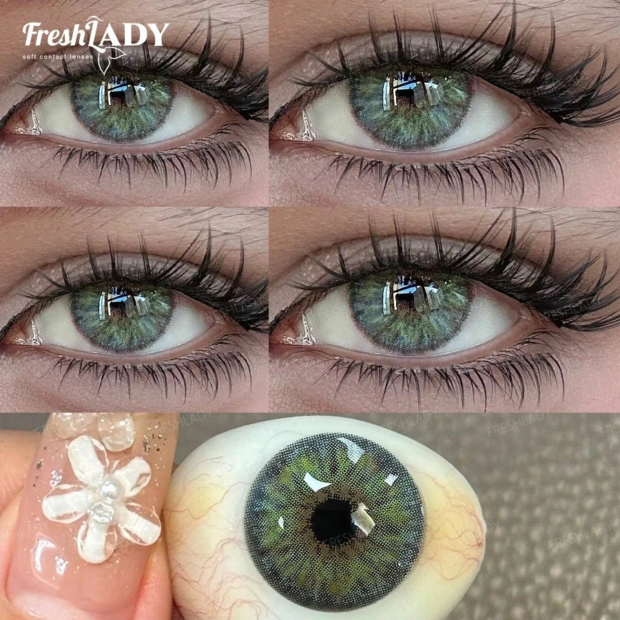 Close-up of eyes with colored contact lenses and a detailed view of one lens.
