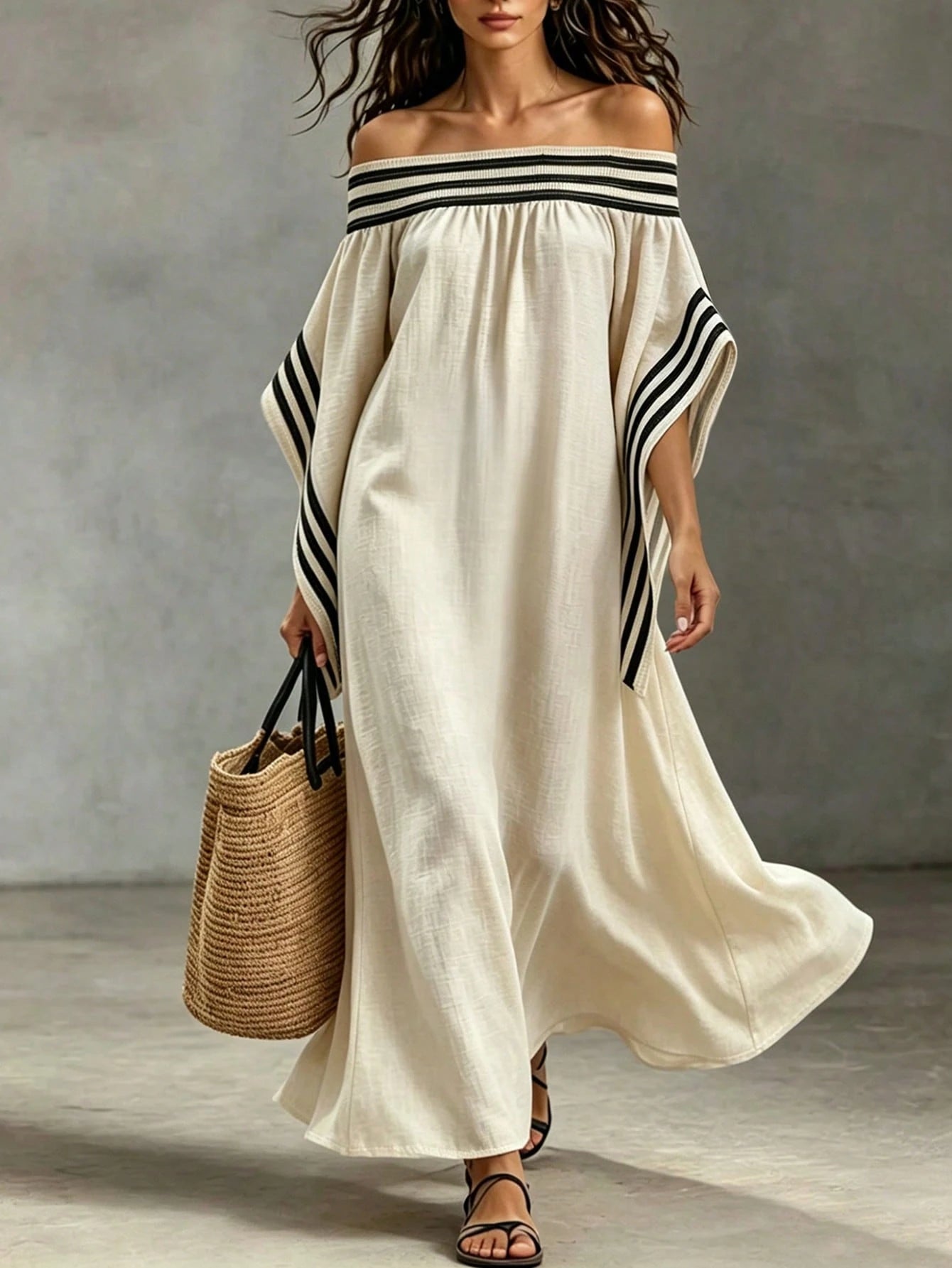 SHEIN Fiorisel Fashionable Elegant Off-Shoulder Floral Print Loose Casual Beach Vacation Dress