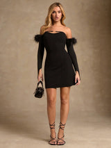 SHEIN Glamour Women's Fashion Strapless Backless Feather Gloves Decor Party Dress