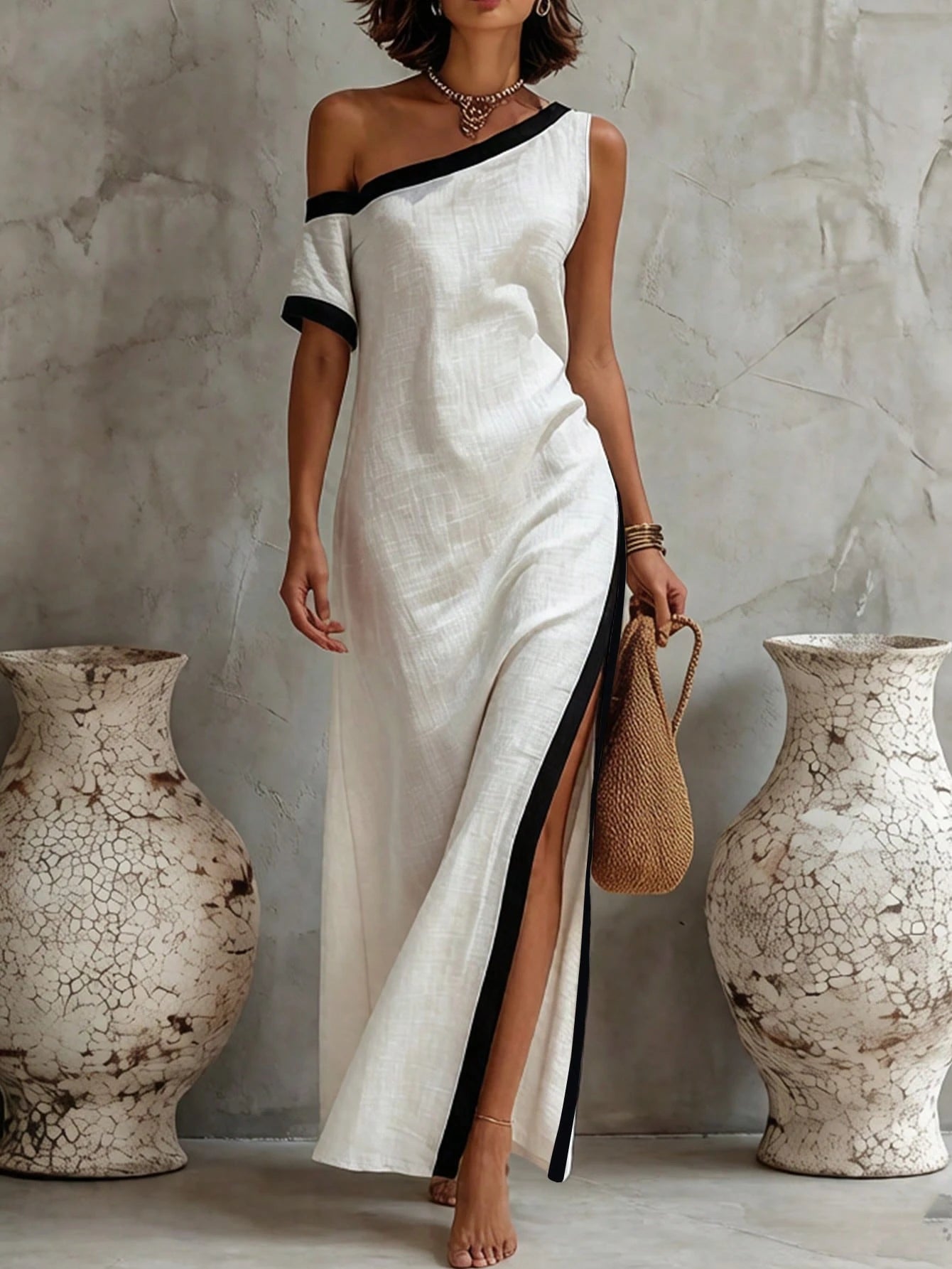 A woman models a white one-shoulder maxi dress with black trim and a thigh-high slit, standing between two large textured ceramic vases against a gray stone wall.