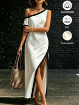 SHEIN Holidaya Black And White Color Block Asymmetrical Shoulder Dress