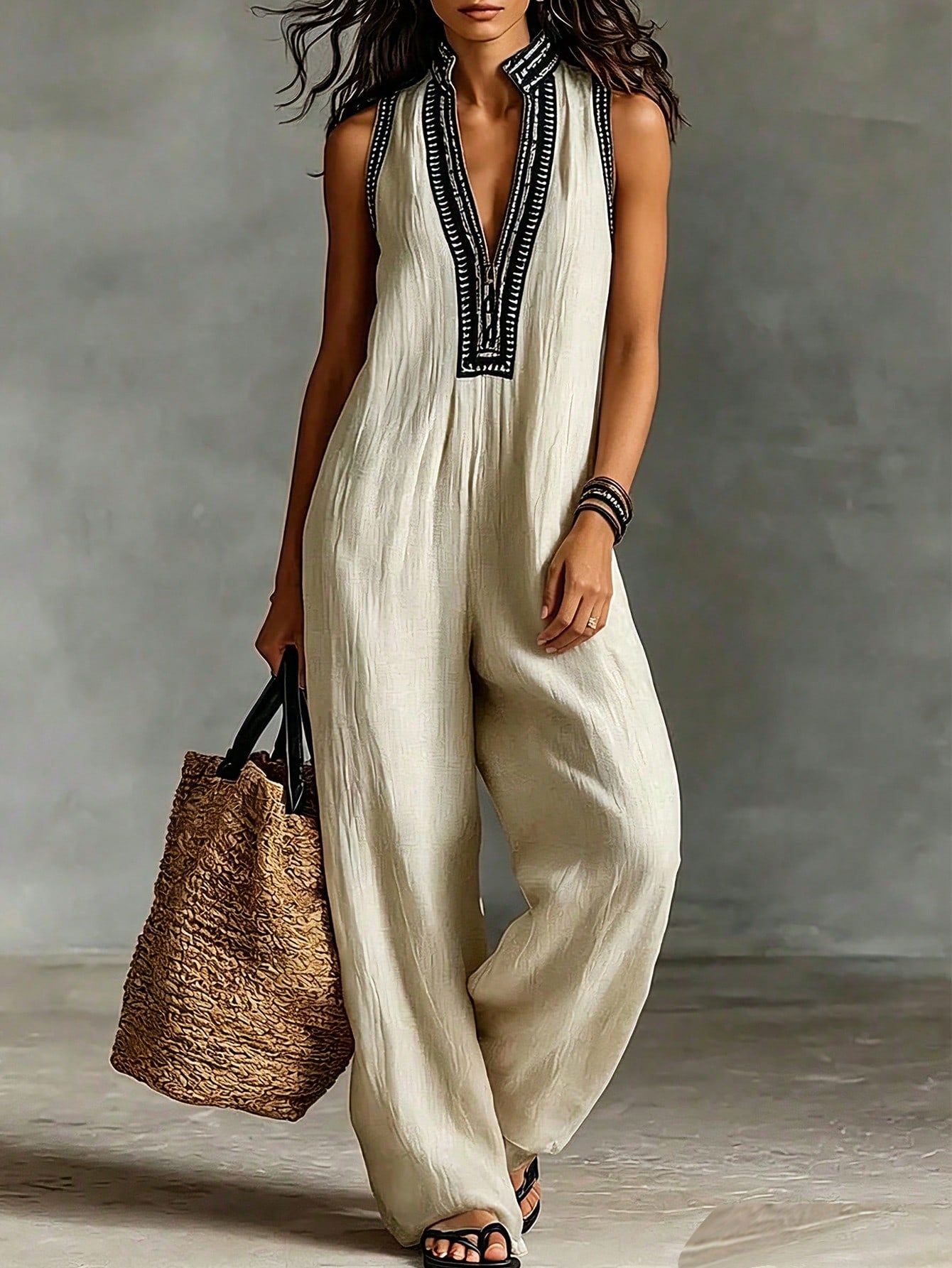 Woman wearing a beige jumpsuit with black embroidery, holding a woven bag against a neutral background.