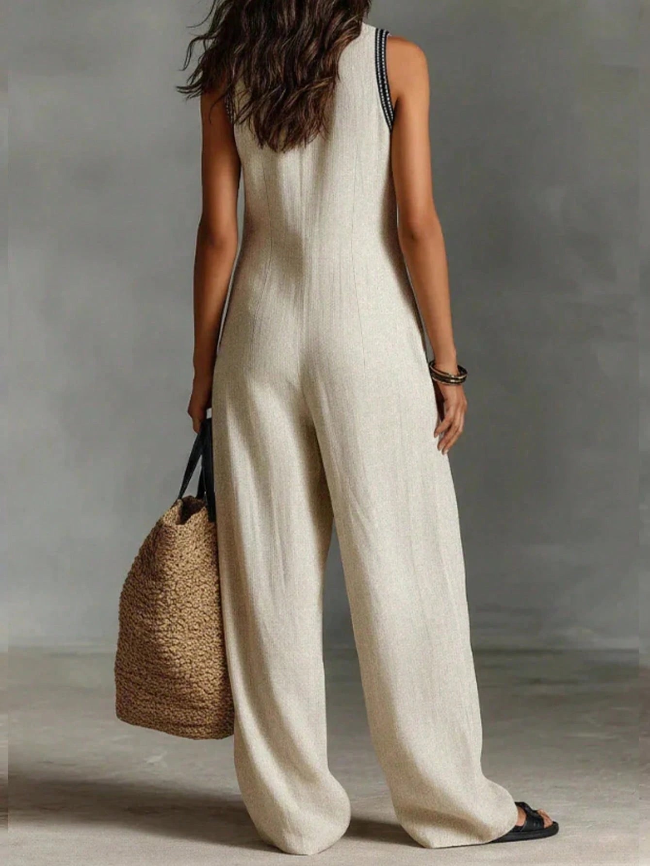 SHEIN Holidaya Women's Elegant Sleeveless Wide-Leg Jumpsuit,Summer Boho Floral Print Front Zipper Romper,Beige Black Holiday Vacation Yoga Outfit For Beach