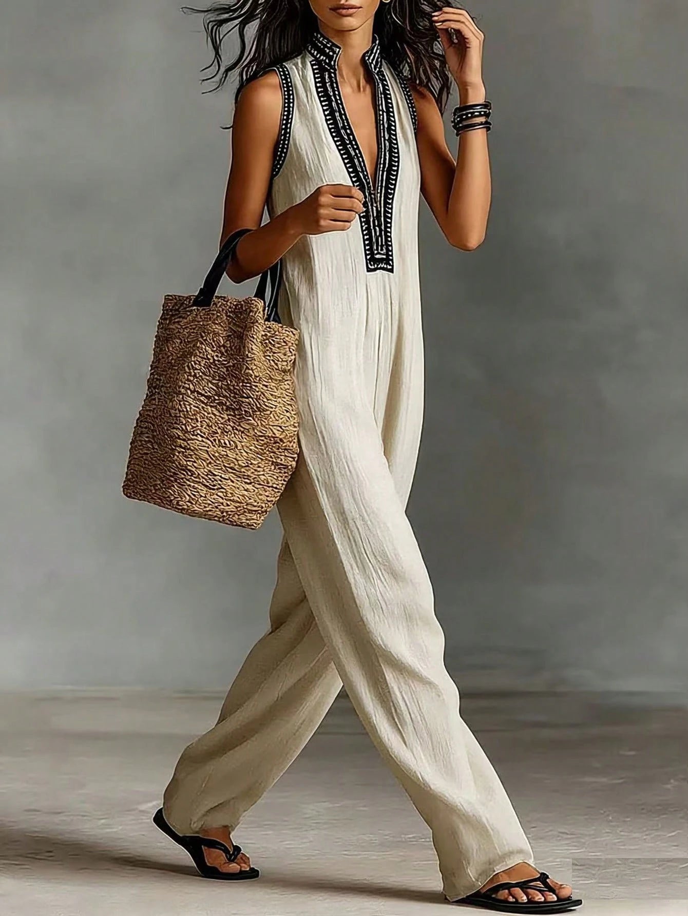 SHEIN Holidaya Women's Elegant Sleeveless Wide-Leg Jumpsuit,Summer Boho Floral Print Front Zipper Romper,Beige Black Holiday Vacation Yoga Outfit For Beach