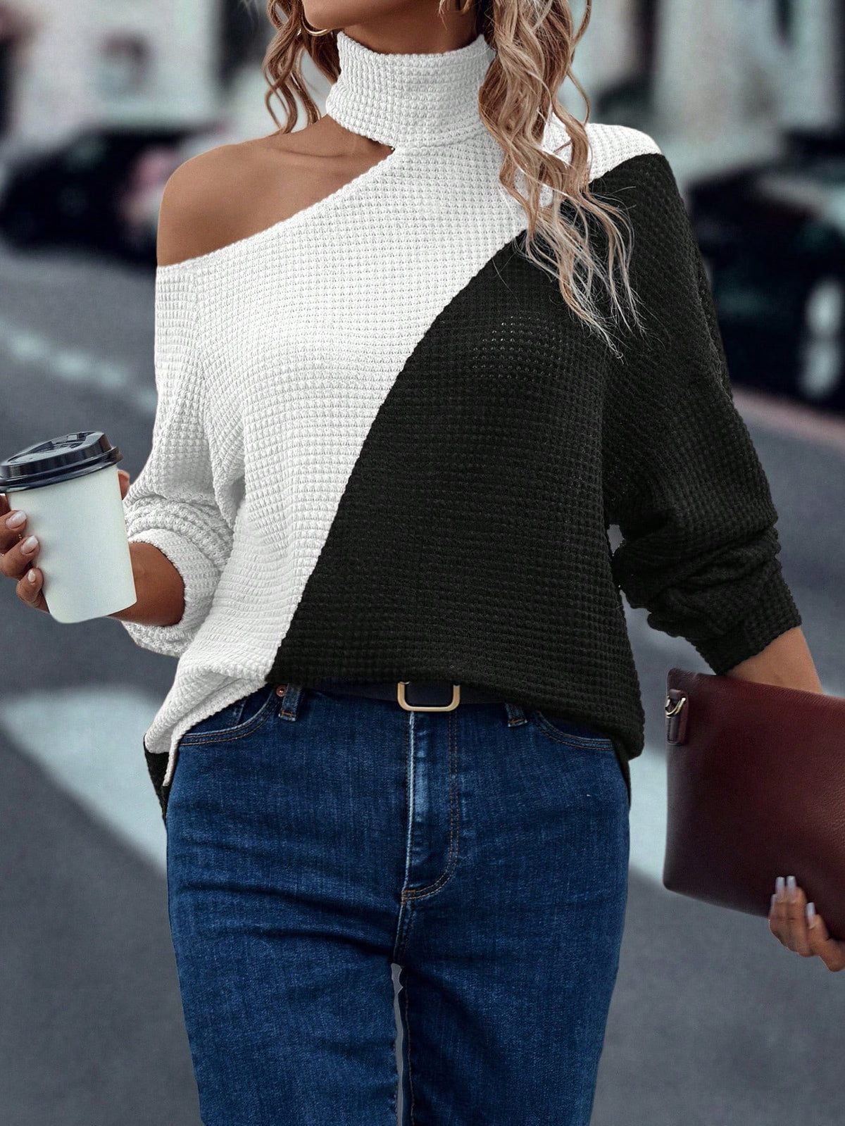 SHEIN LUNE Autumn Casual Colorblock Off Shoulder T-Shirt Graphic Tees Women Tops