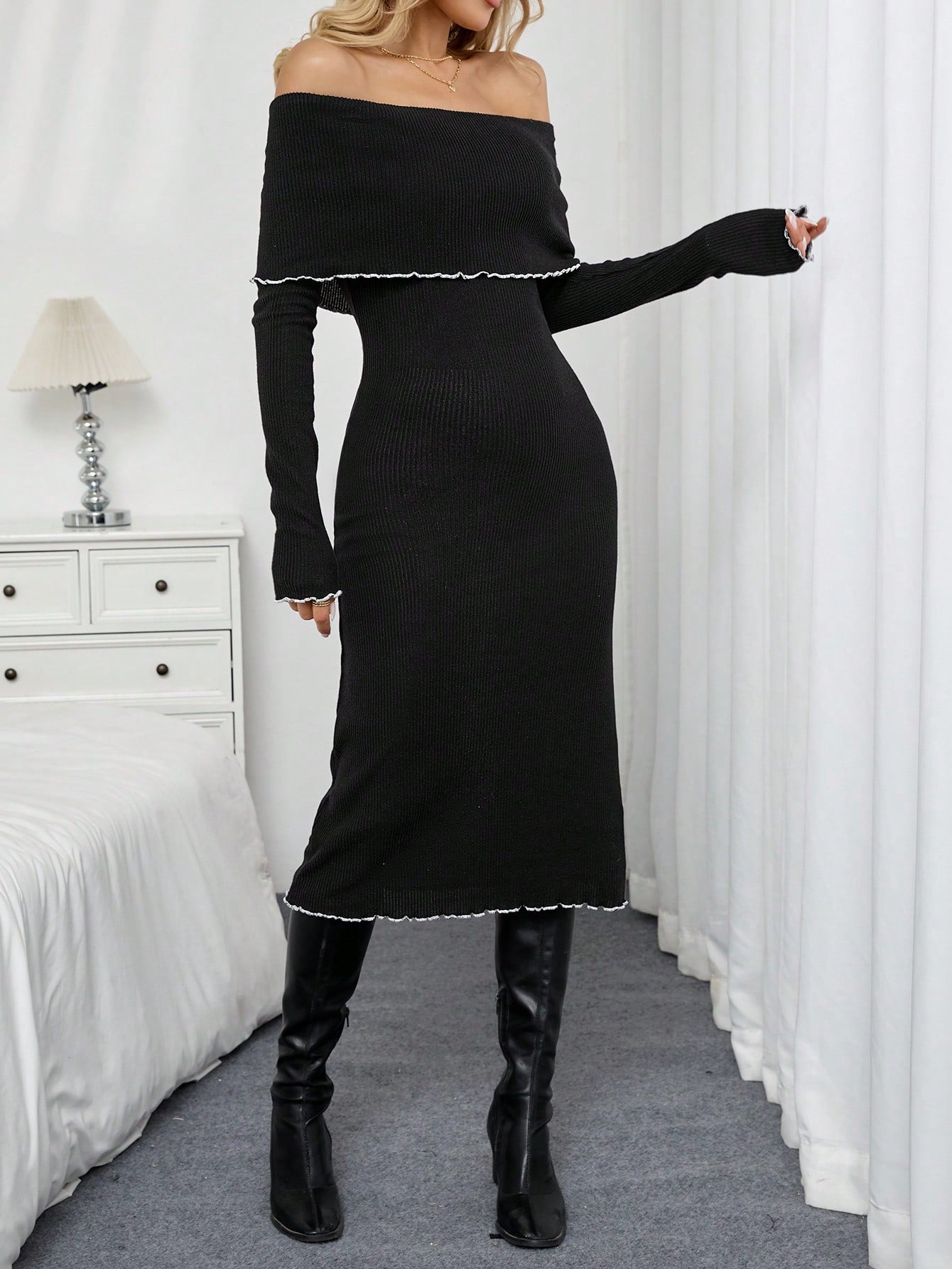 SHEIN LUNE Christmas & Thanksgiving Off Shoulder Bodycon Midi Dress