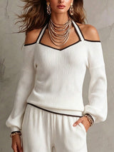 SHEIN LUNE Women's Contrast Trim Halter Off Shoulder T-Shirt, Ribbed Knit Lantern Long Sleeve Casual Top