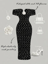 A black off-the-shoulder midi dress with white polka dots and a large white rose at the neckline, shown on a light gray background with white accessories and handwritten text describing the dress features.