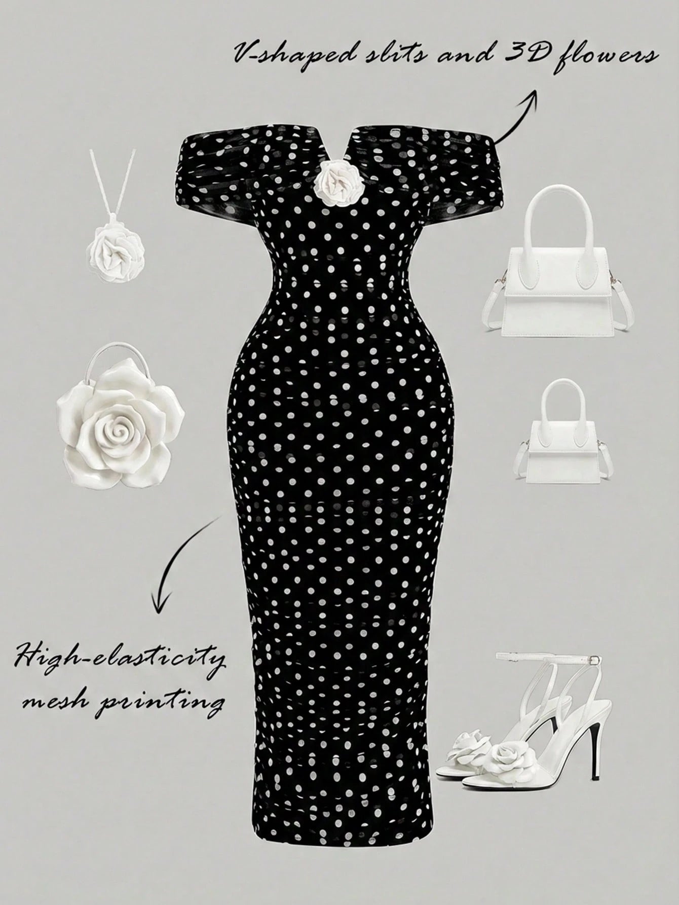 A black off-the-shoulder midi dress with white polka dots and a large white rose at the neckline, shown on a light gray background with white accessories and handwritten text describing the dress features.