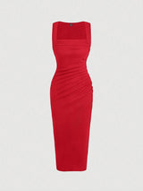 SHEIN MOD Solid Ruched Side Split Thigh Dress