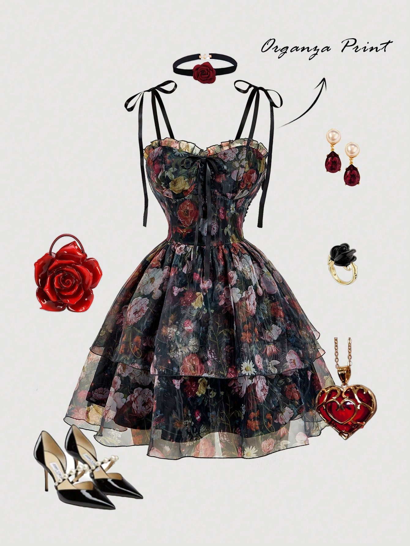 SHEIN MOD Vintage Oil Painting Black Floral Summer Slip Dress