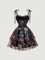 SHEIN MOD Vintage Oil Painting Black Floral Summer Slip Dress