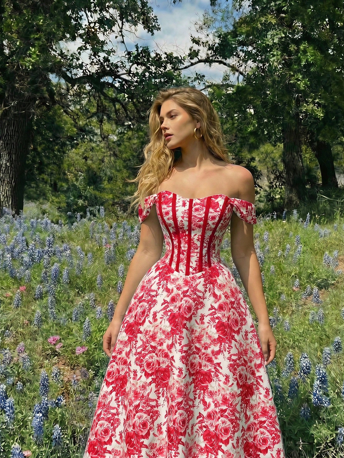 A woman wearing a red and white floral off-the-shoulder ball gown stands in a sunlit outdoor field of blue flowers with trees in the background.