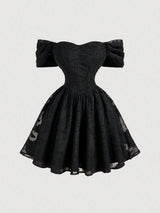 A black off-the-shoulder corset mini dress with a flared skirt, featuring a textured jacquard pattern and sheer lace trim, shown against a light gray background.