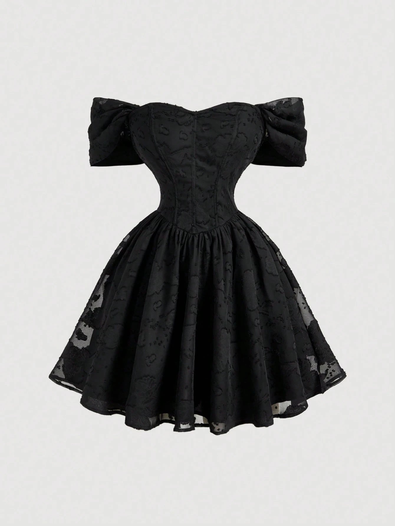 A black off-the-shoulder corset mini dress with a flared skirt, featuring a textured jacquard pattern and sheer lace trim, shown against a light gray background.