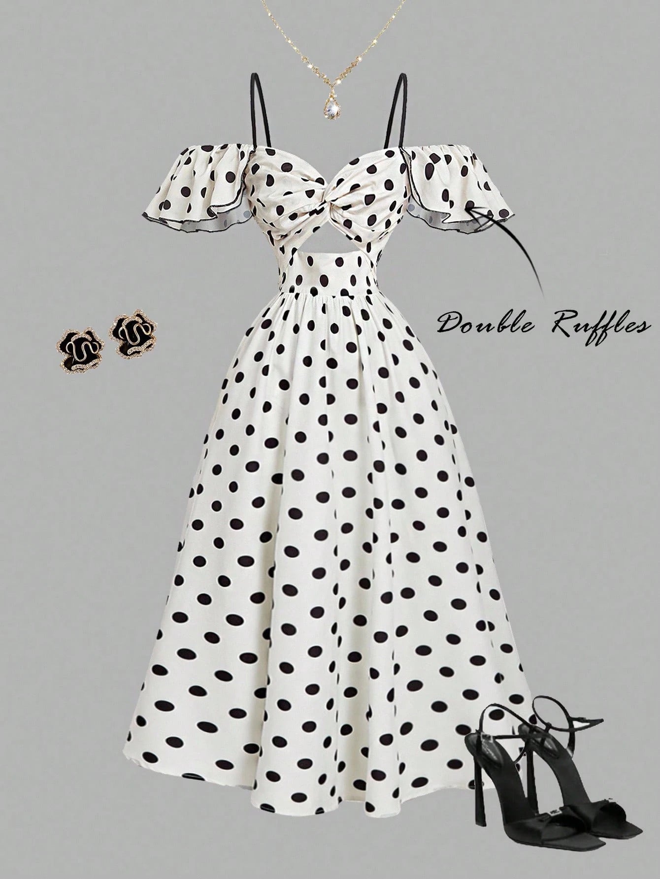 SHEIN MOD Women's White With Black Polka Dots Off-Shoulder Dress