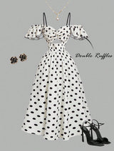 SHEIN MOD Women's White With Black Polka Dots Off-Shoulder Dress