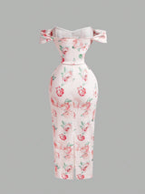 SHEIN MOD Women's Pink Floral Print Off-Shoulder Bodycon Dress