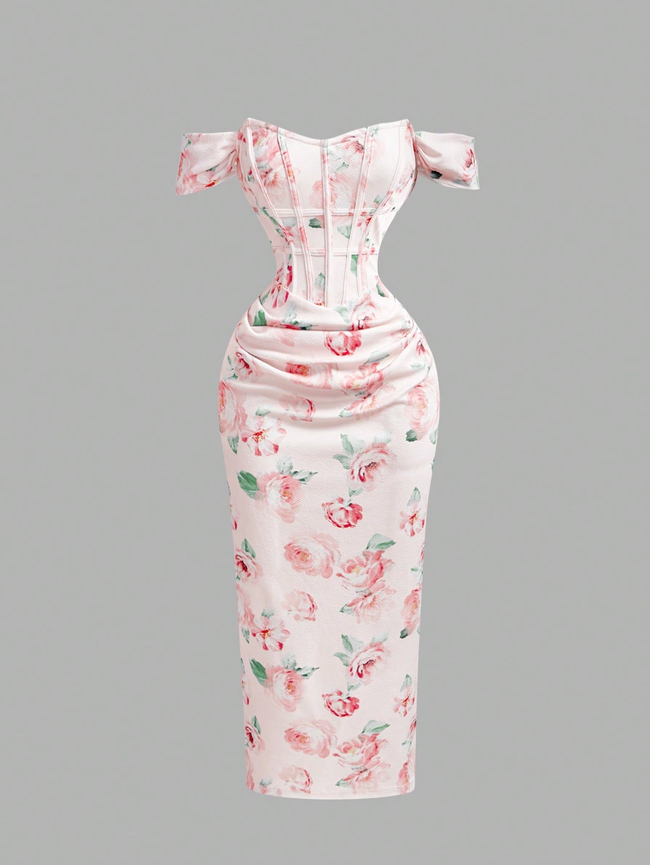 SHEIN MOD Women's Pink Floral Print Off-Shoulder Bodycon Dress