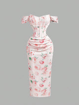 SHEIN MOD Women's Pink Floral Print Off-Shoulder Bodycon Dress