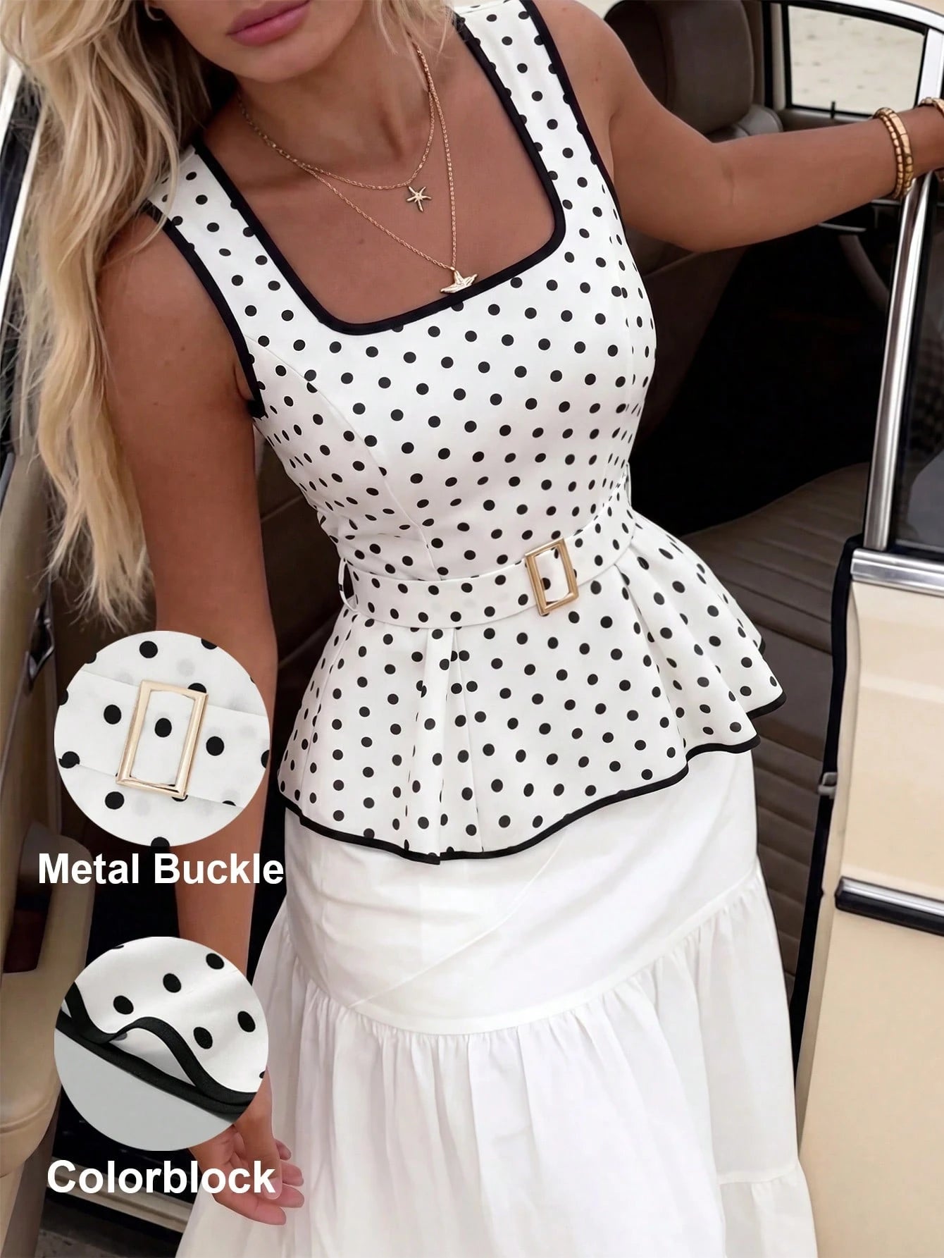A woman wearing a sleeveless white peplum top with black polka dots, black trim, and a small gold-tone buckle belt, standing beside a car door. Two circular inset detail callouts on the left highlight the polka dot pattern and the buckle detail.