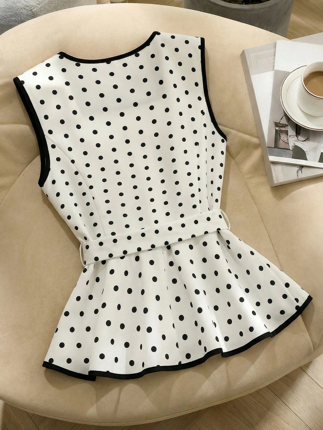 SHEIN PariChic Women's White With Black Polka Dots Summer 70s Retro Tea Party Sleeveless Top