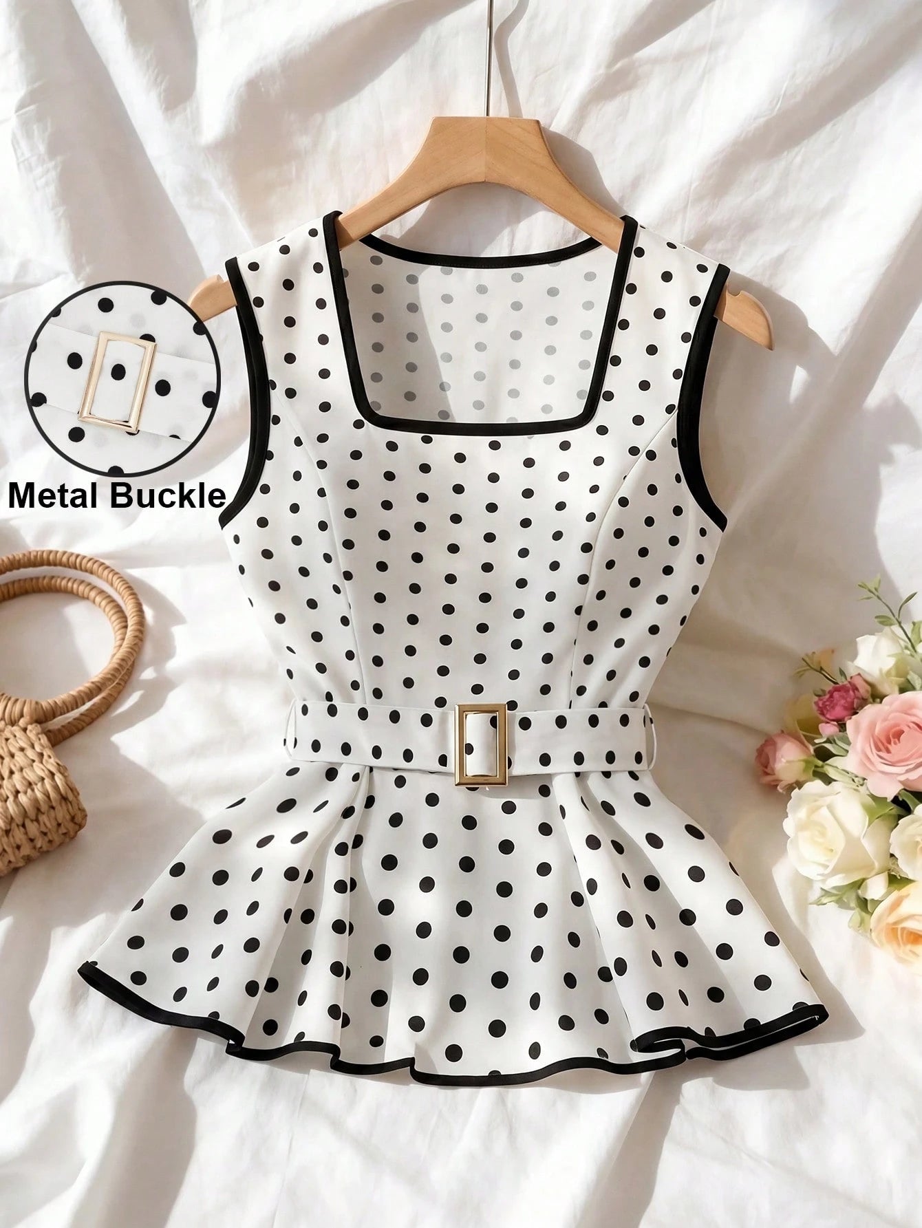 SHEIN PariChic Women's White With Black Polka Dots Summer 70s Retro Tea Party Sleeveless Top