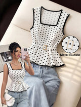 SHEIN PariChic Women's White With Black Polka Dots Summer 70s Retro Tea Party Sleeveless Top