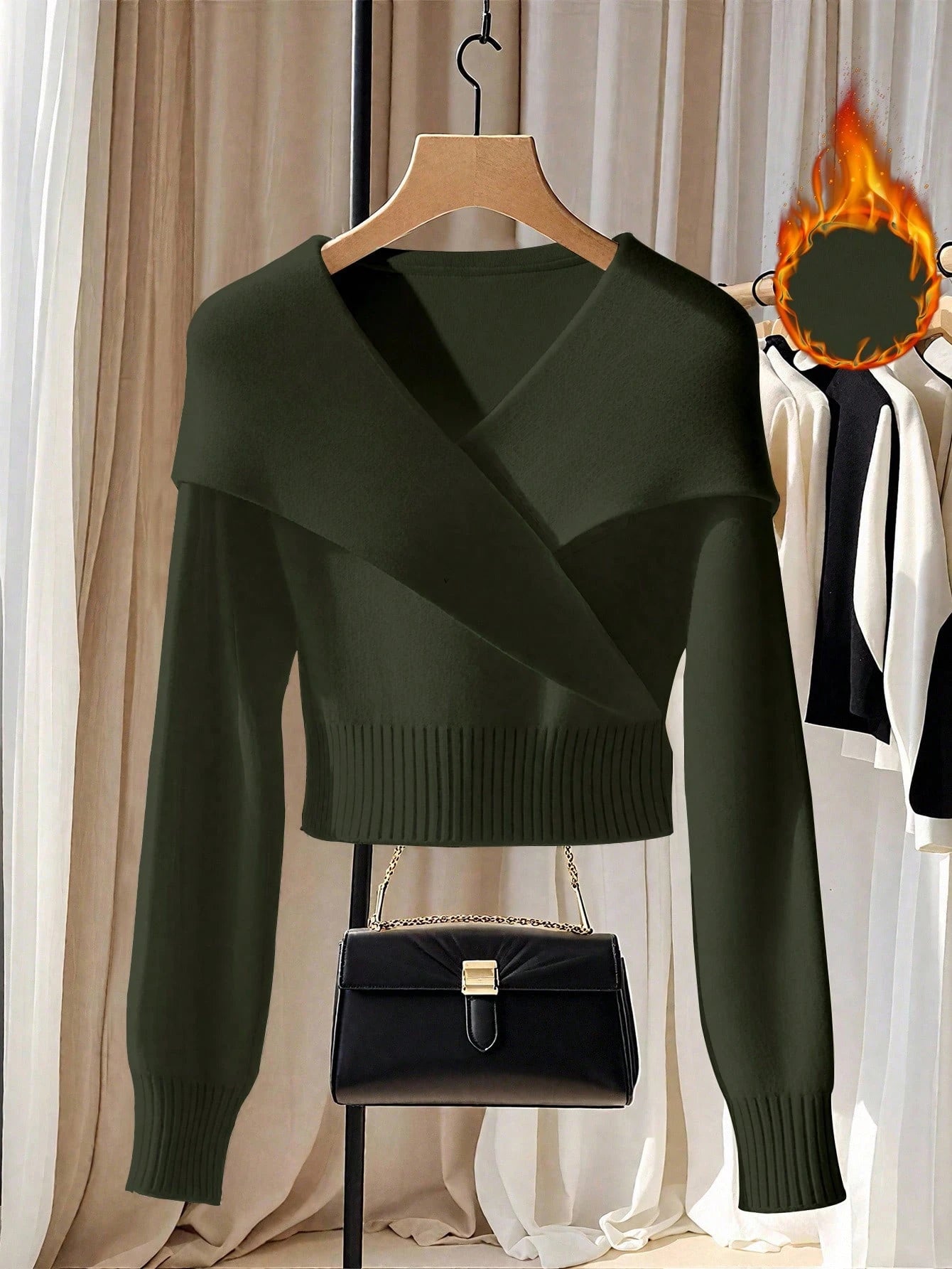SHEIN Rosurelle French Elegant White Oversized Collar Knit Top, Unique Shawl Collar Knit Sweater