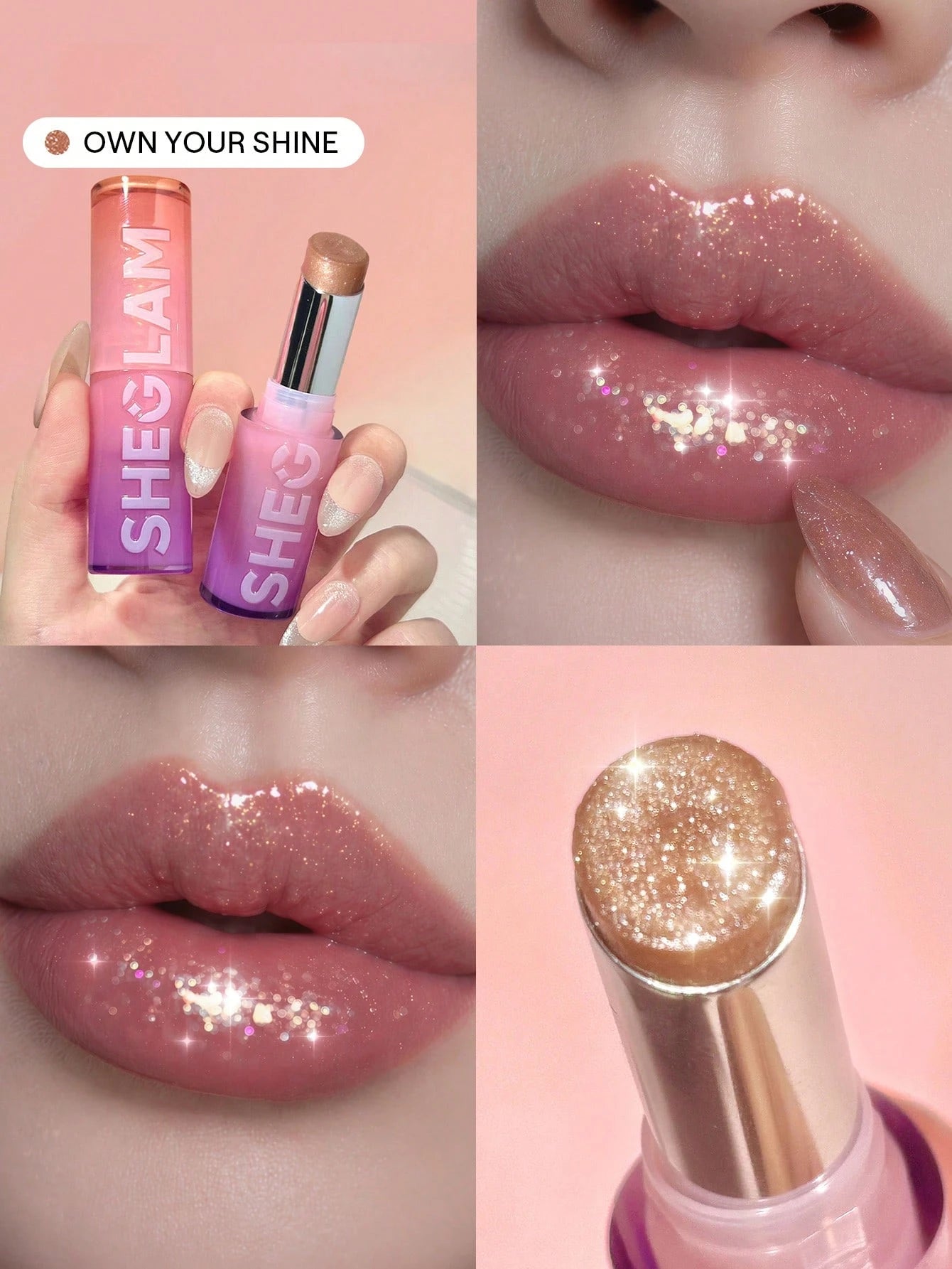 Collage of a glittery lipstick with close-ups of lips wearing it, and the product itself.