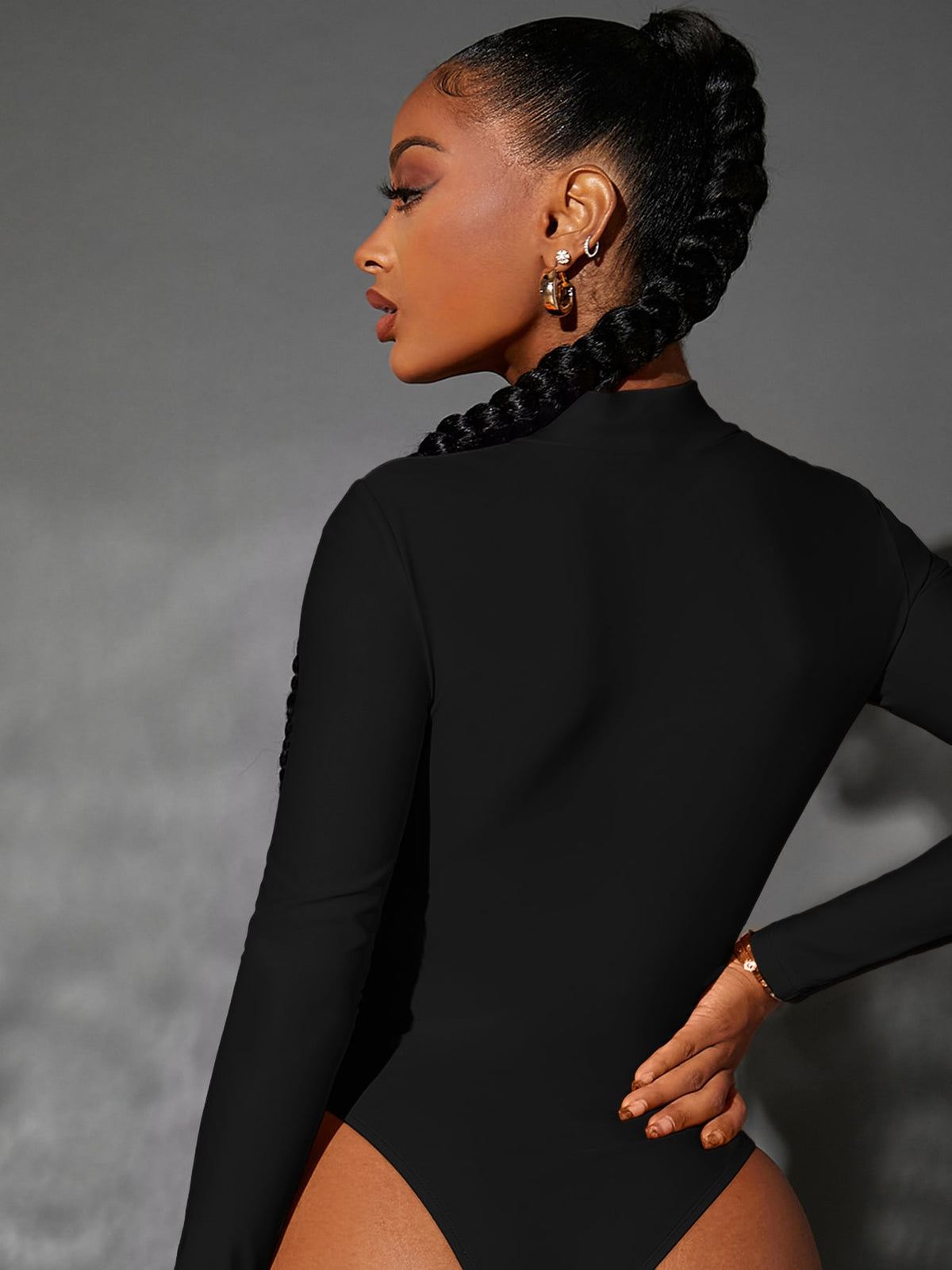 SHEIN SXY Fashionable Solid Color Hollow Out Long Sleeve Bodysuit
