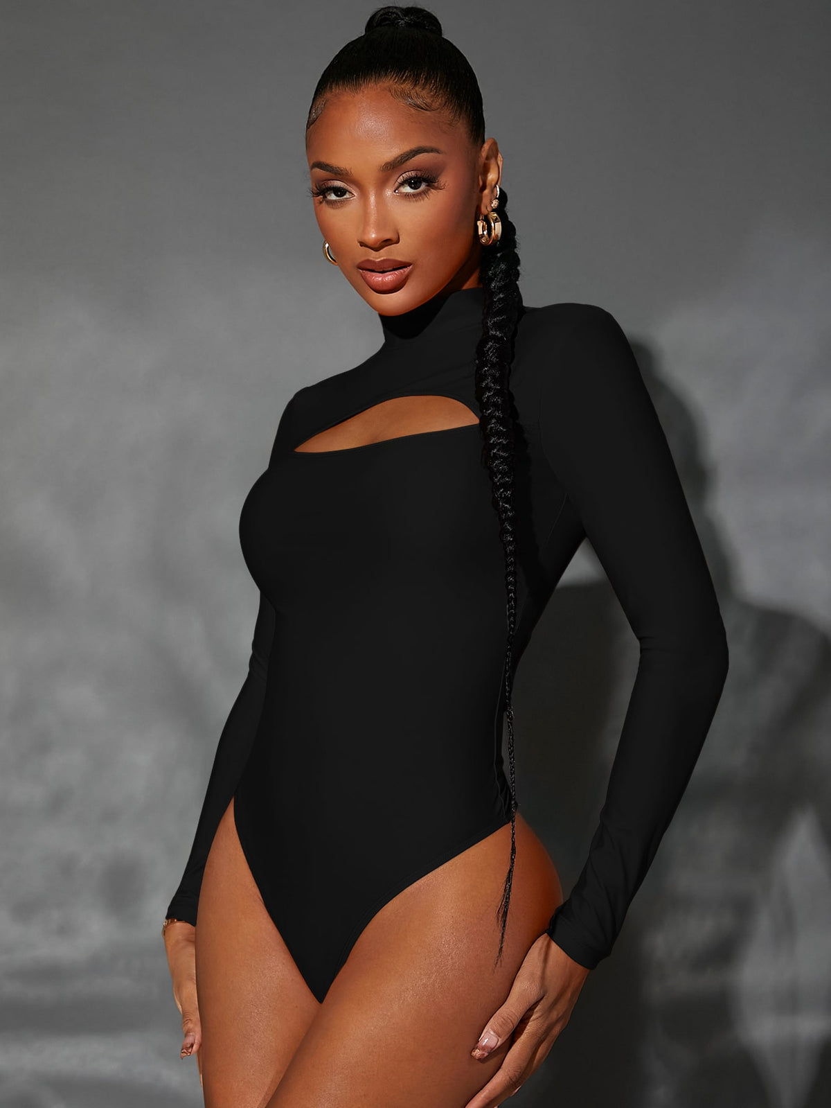 SHEIN SXY Fashionable Solid Color Hollow Out Long Sleeve Bodysuit