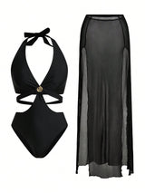 SHEIN Swim 1pc Sexy Black Mesh One-Piece Swimsuit