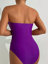 SHEIN Swim Chicsea بدلة سباحة من قطعة واحدة مكشكشة بدون حمالات بلون سادة