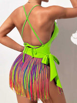 مايوه قطعة واحدة من شي إن بحافة مزينة بشراشيب وتنورة شاطئية E4 