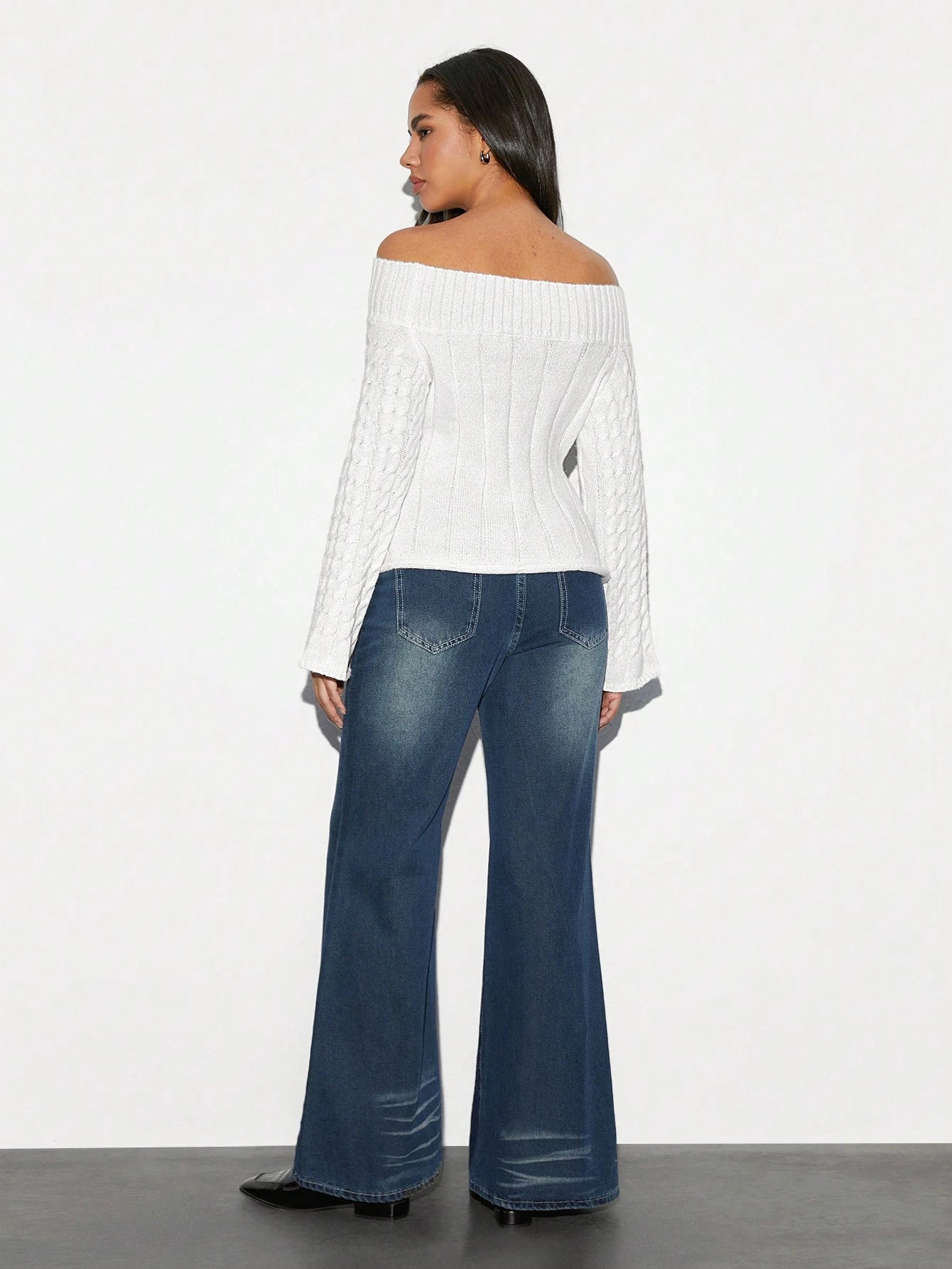 SHEIN Unity 1pc Women's White Off Shoulder Textured Knit Fitted Flare Sleeve Sweater