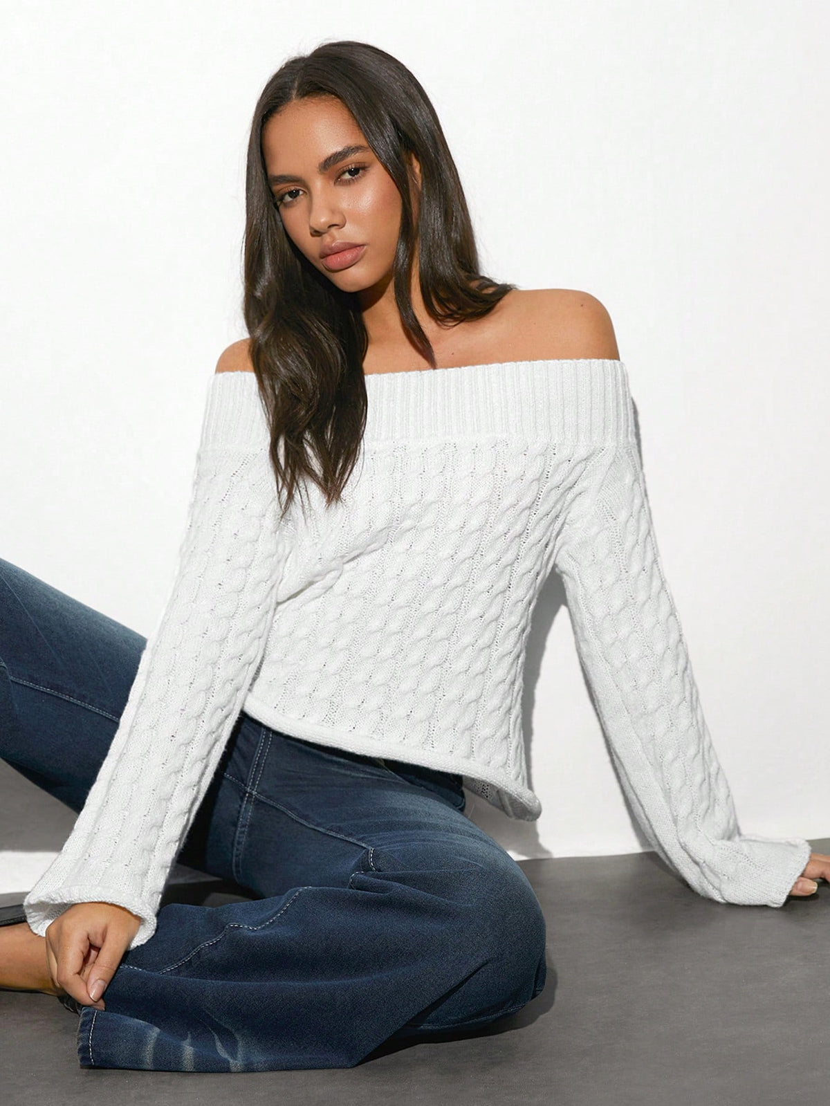 SHEIN Unity 1pc Women's White Off Shoulder Textured Knit Fitted Flare Sleeve Sweater