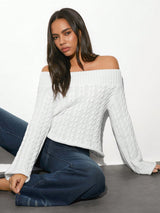 SHEIN Unity 1pc Women's White Off Shoulder Textured Knit Fitted Flare Sleeve Sweater