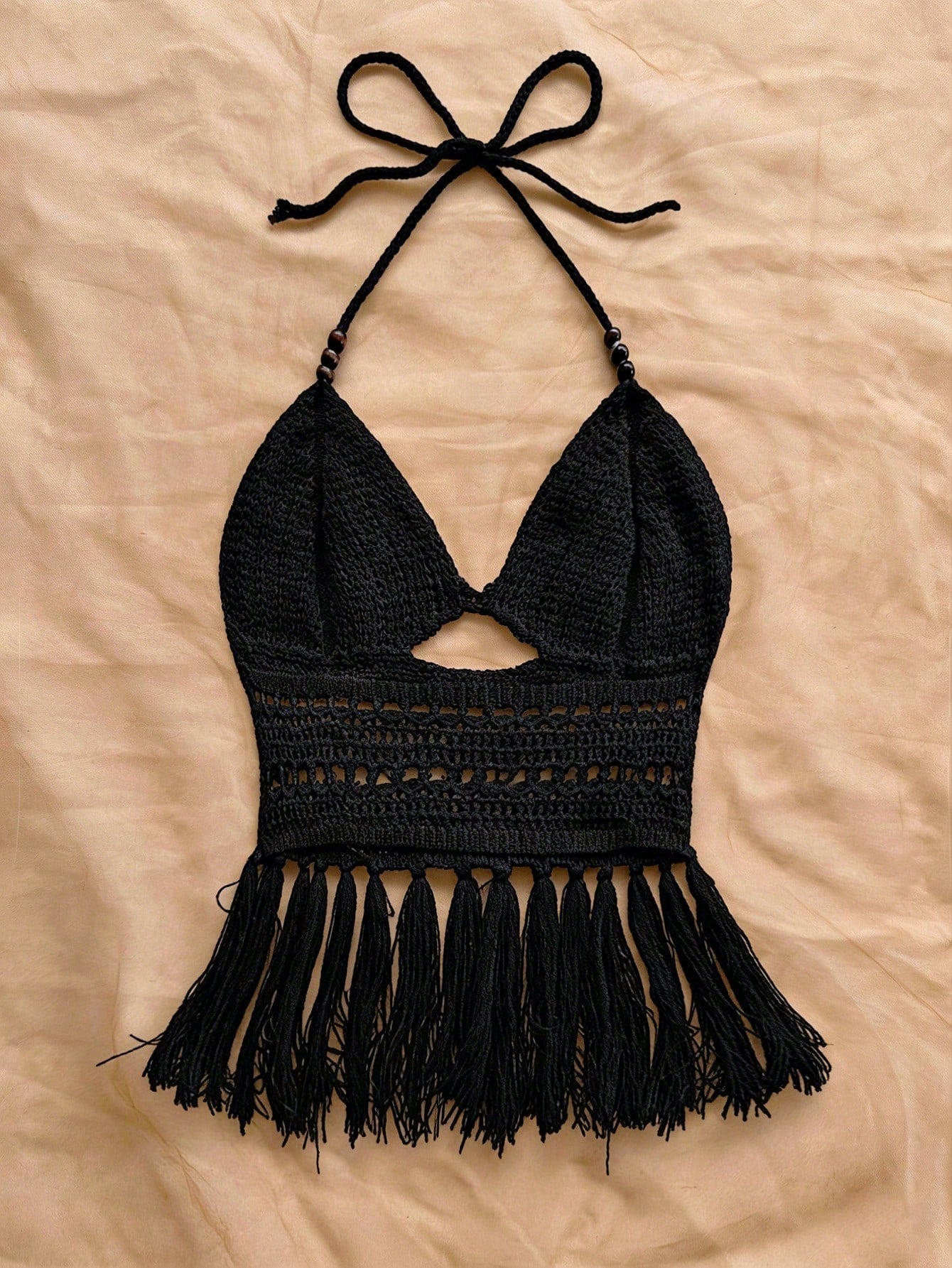 SHEIN WYWH Women's Beaded Halter Neck Tassel Hem Knit Top
