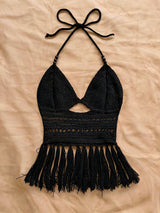 SHEIN WYWH Women's Beaded Halter Neck Tassel Hem Knit Top