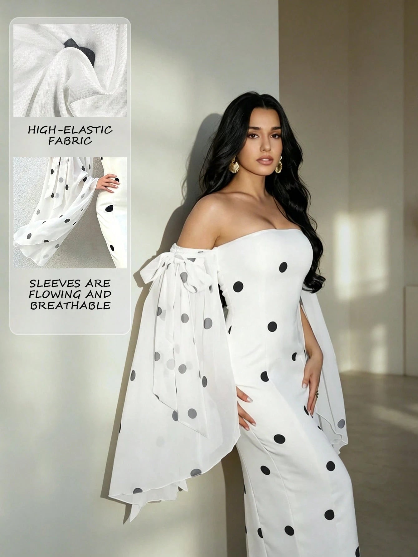 A woman models a white off-the-shoulder maxi dress with black polka dots and flowing sheer sleeves. The image includes an inset showing close-ups of the high-elastic fabric and flowing sleeve material with text overlays.