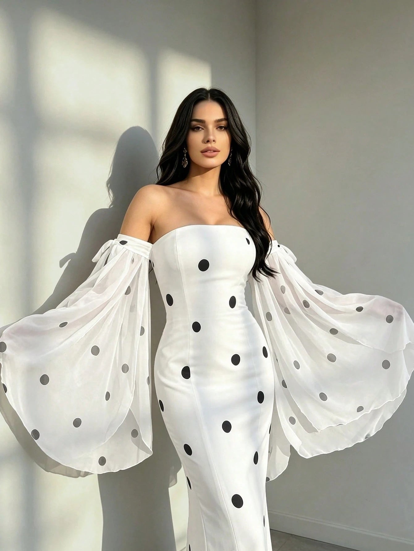 فستان ماكسي نسائي أنيق بلا أكمام مكشوف الأكتاف ومنقط ضيق من SHEIN