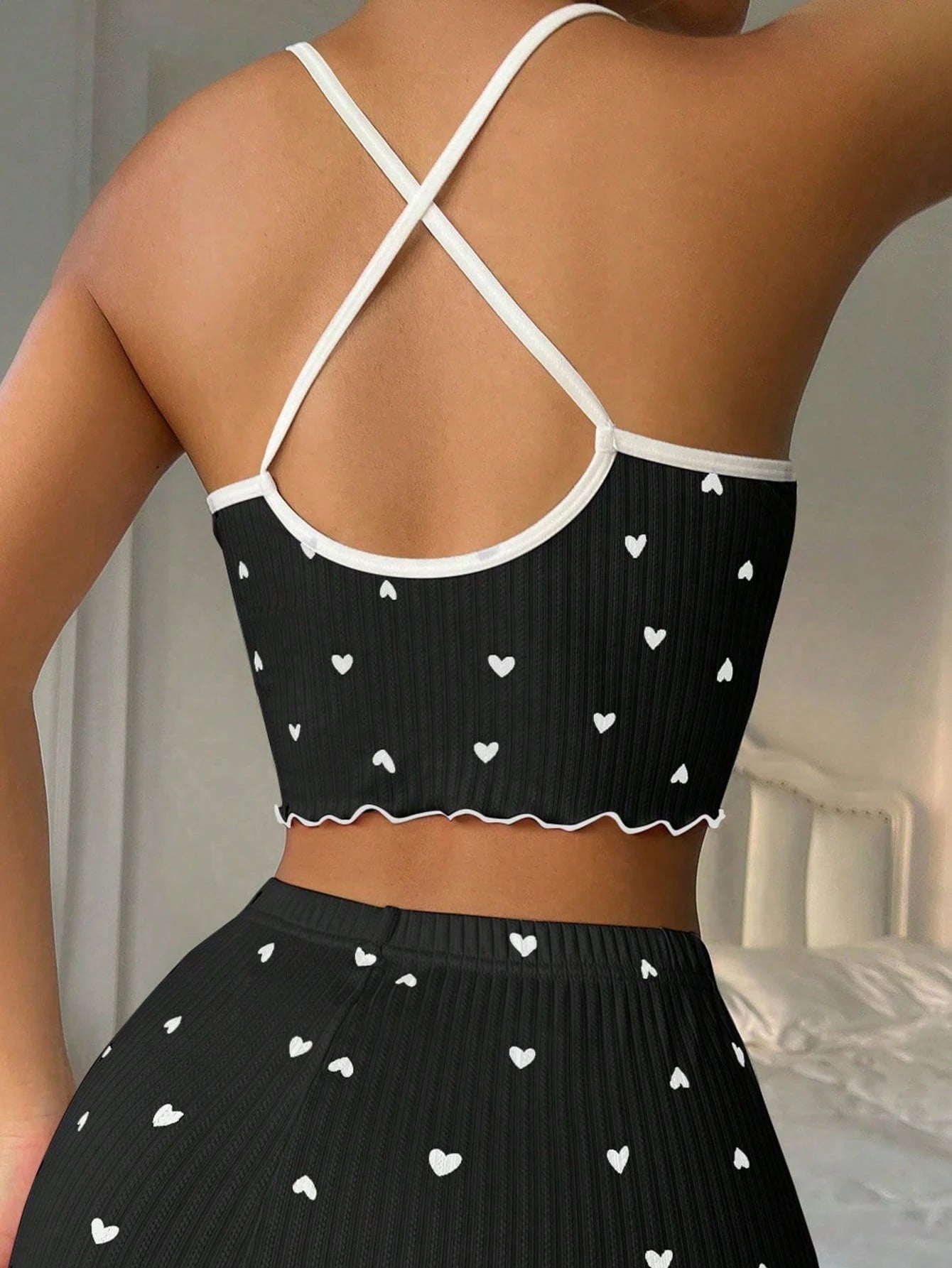 SHEIN Women's Heart Print Bow Strap Sleepwear ONLY Top