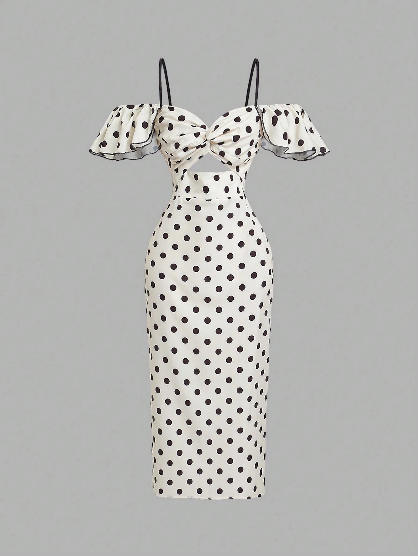 A white off-the-shoulder midi dress with black polka dots, featuring ruffled sleeves, thin shoulder straps, and a sweetheart neckline, shown against a solid gray background.